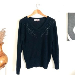 Vintage Black Vneck Sweater with Beaded Details